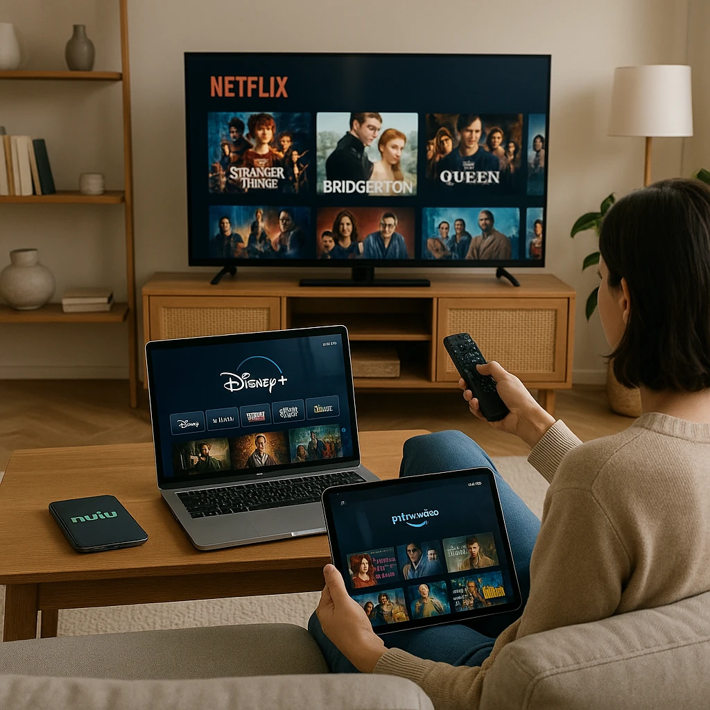 Comparaison des interfaces de services de streaming sur tablette montrant les écrans d'accueil de Netflix, Prime Video et Disney+