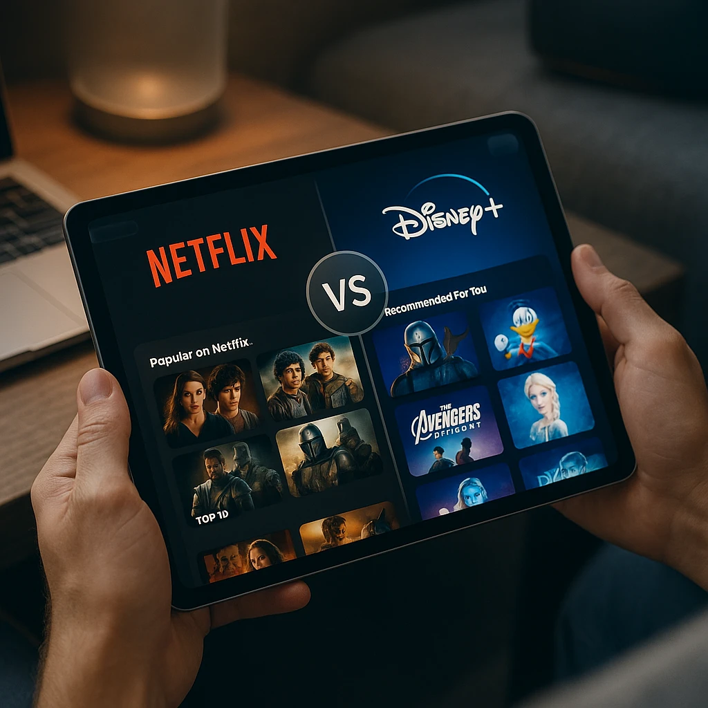Comparaison des interfaces de services de streaming sur tablette montrant les écrans d'accueil de Netflix, Prime Video et Disney+