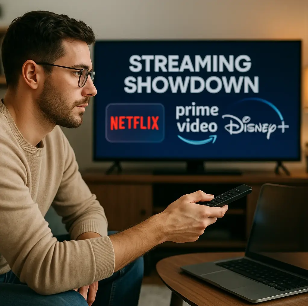 Modern living room with multiple screens showing different streaming services and content libraries