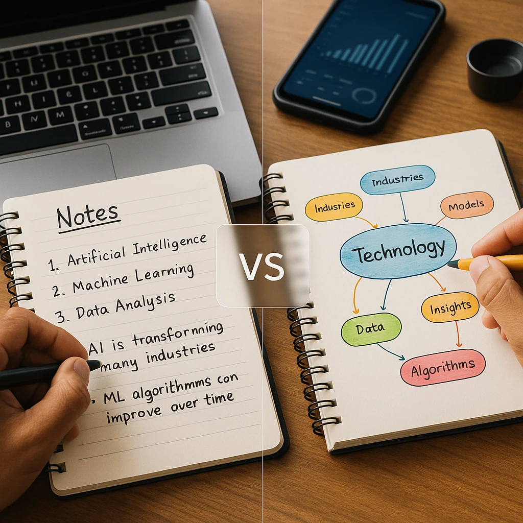 Split screen showing traditional linear notes vs visual mapping method with connected concepts and color coding