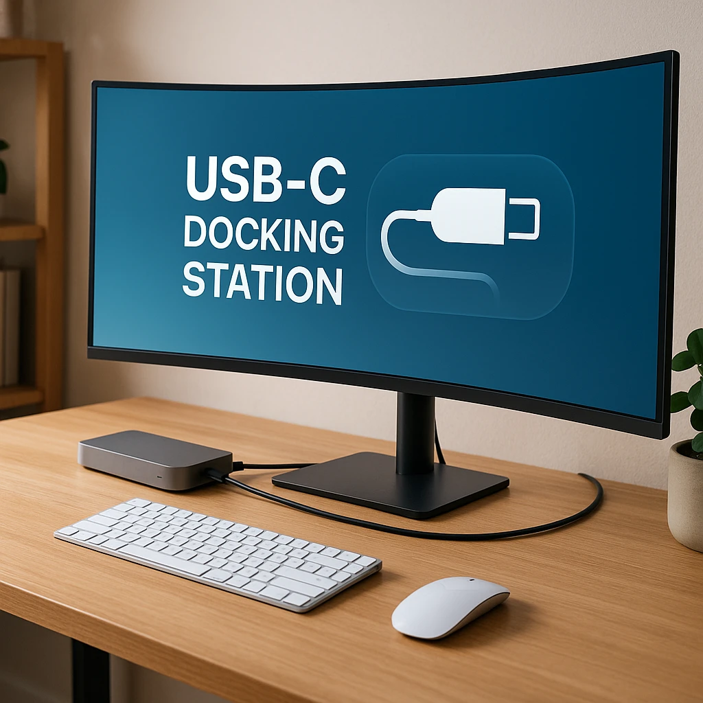 Modern home office desk setup showing ultrawide curved monitor, USB-C docking station with single cable connection, and minimalist wireless peripherals on a clean workspace