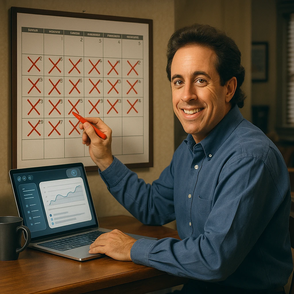 Jerry Seinfeld in his classic 90s apartment setting, sitting at a desk with a large wall calendar behind him covered in red X marks, holding a red marker and smiling, representing the origin of the famous don't break the chain productivity method