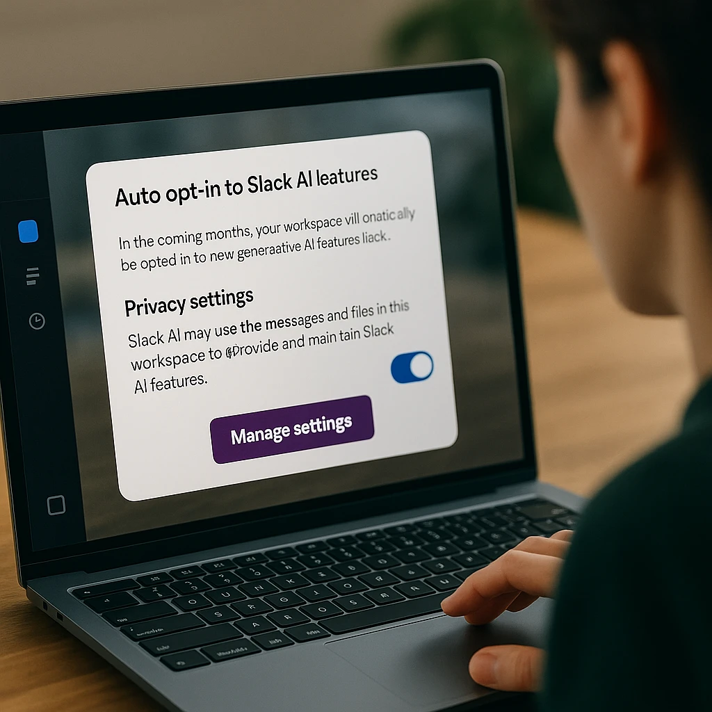 Slack AI Features Auto Opt-In Notice showing privacy settings