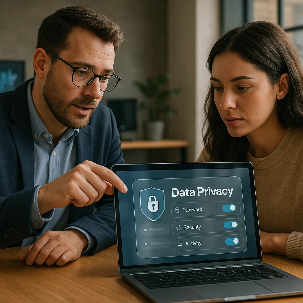 Business professionals reviewing data privacy settings on laptop