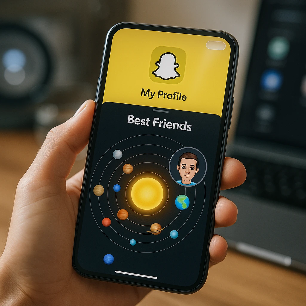 Smartphone moderne affichant le profil Snapchat avec la fonctionnalité du système solaire des meilleurs amis montrant les classements planétaires