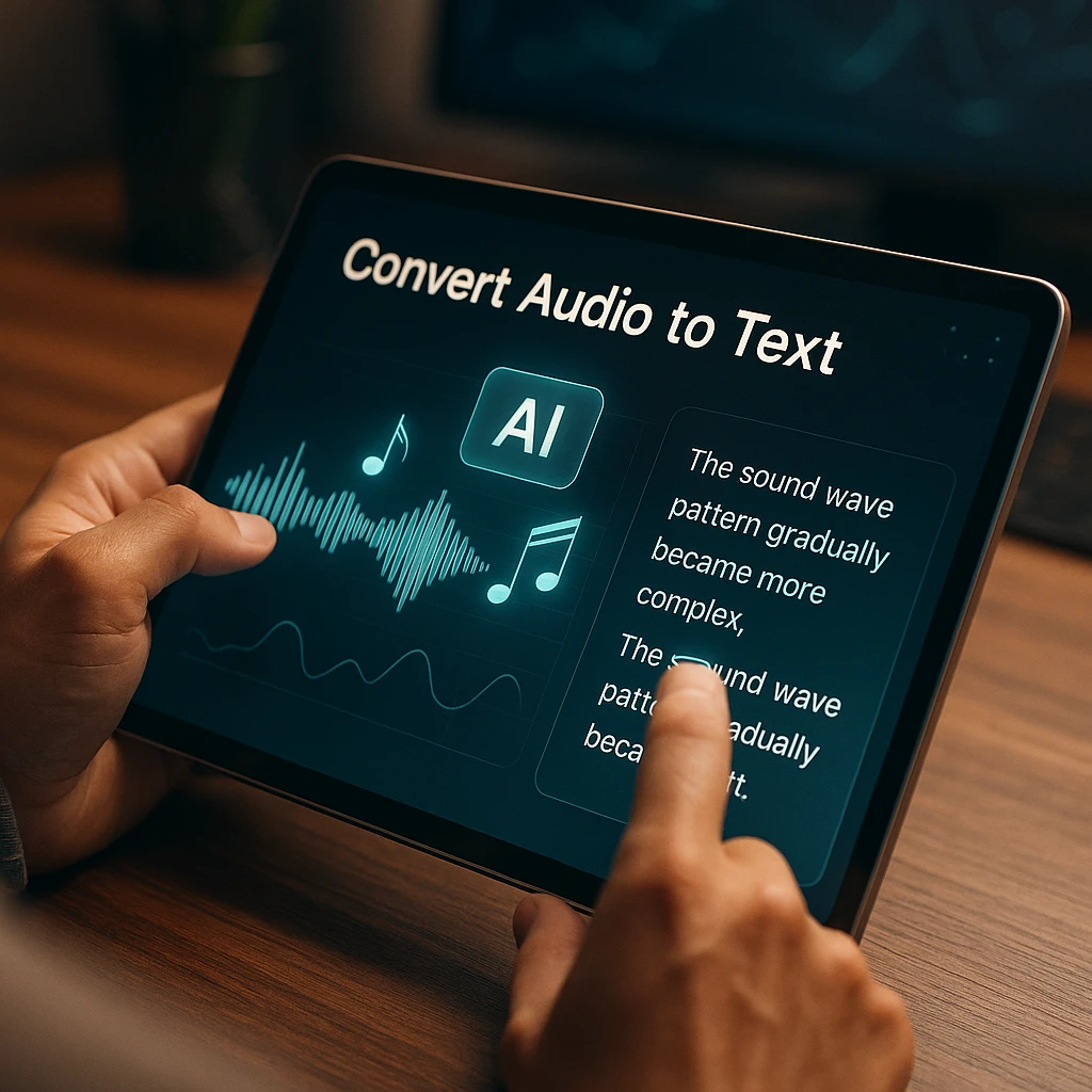 Interface IA moderne montrant des formes d’onde audio converties en texte avec des notes de musique et une visualisation numérique