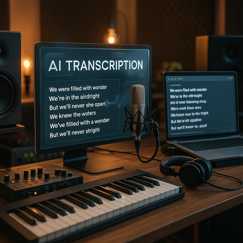Configuration de studio de musique professionnel avec un logiciel de transcription IA affichant des paroles sur plusieurs écrans avec du matériel audio