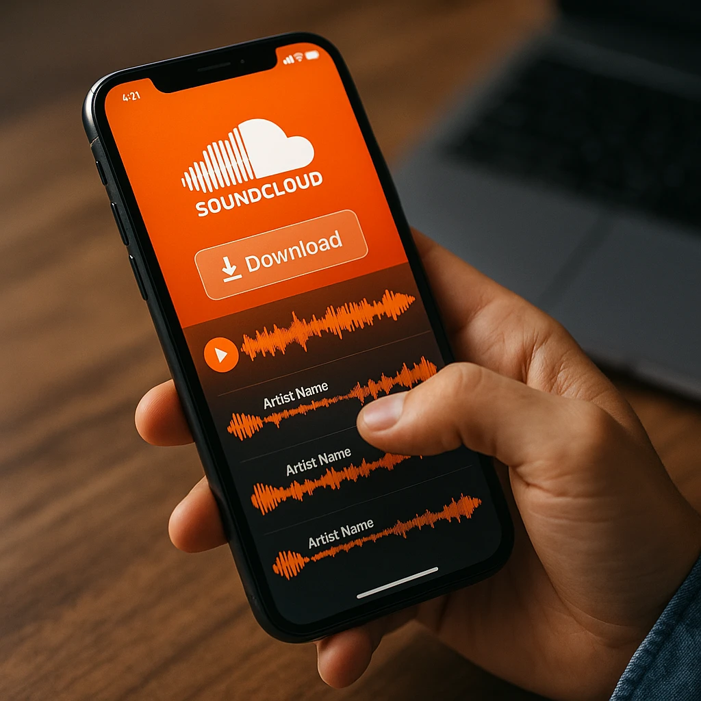 Téléphone mobile affichant l'interface de l'application SoundCloud avec des options de téléchargement et une bibliothèque musicale