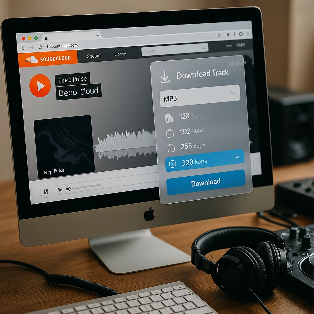 Ordinateur de bureau affichant une extension de navigateur téléchargeant une piste SoundCloud avec des options de qualité et des métadonnées