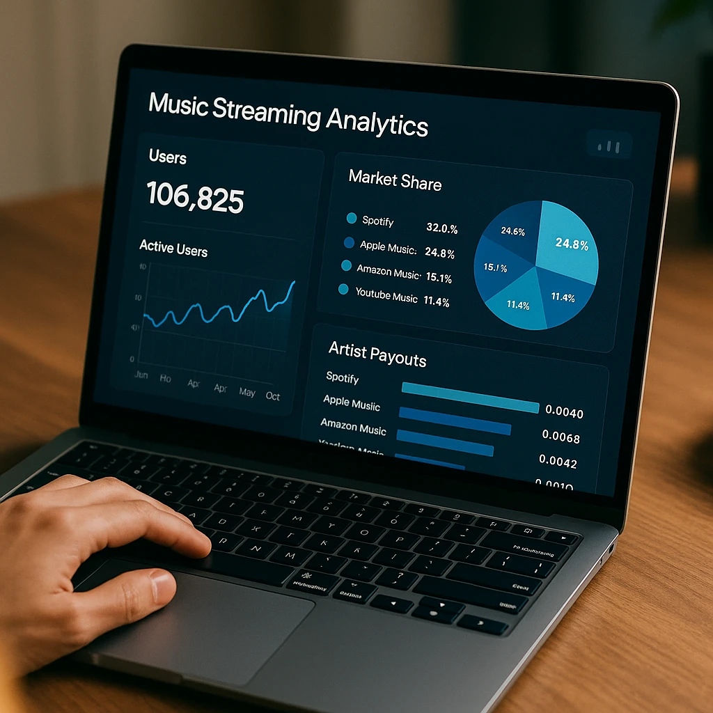 Tableau de bord d'analyse du streaming musical montrant les statistiques des utilisateurs, les données de part de marché et les comparaisons de paiements aux artistes