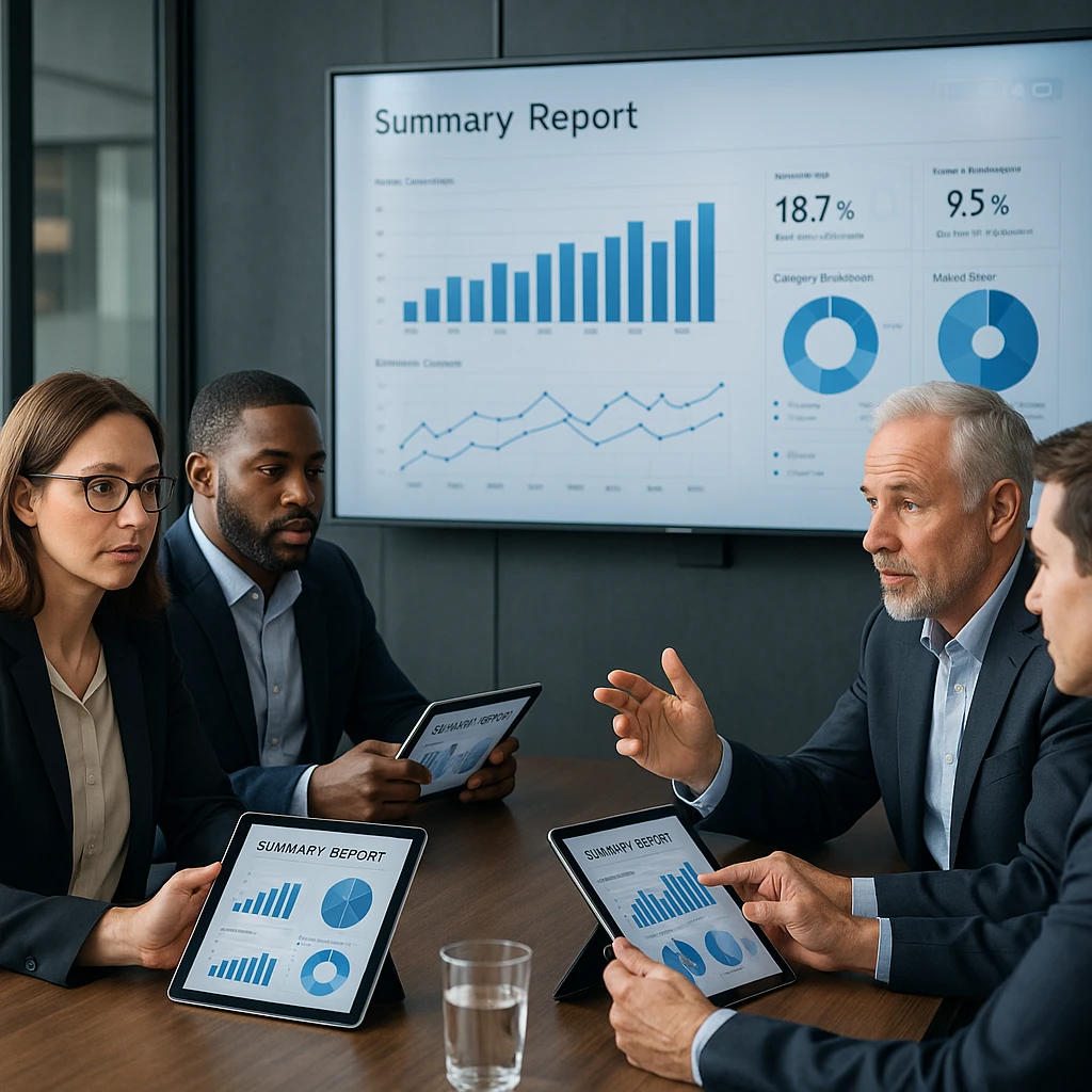 Salle de réunion professionnelle avec des dirigeants examinant des rapports de synthèse sur des tablettes et discutant des principales conclusions affichées sur l'écran de présentation