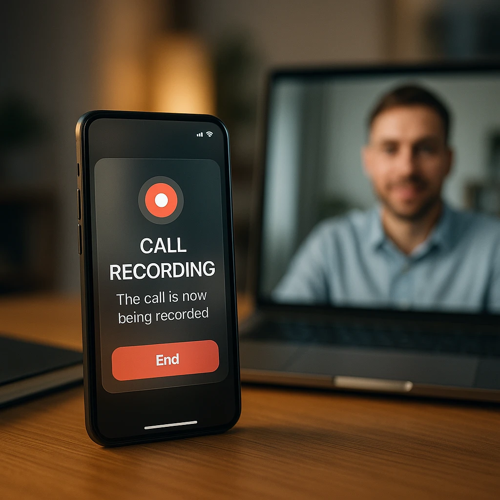 A phone showing an on-screen notice that the call is being recorded, next to a laptop with the other participant