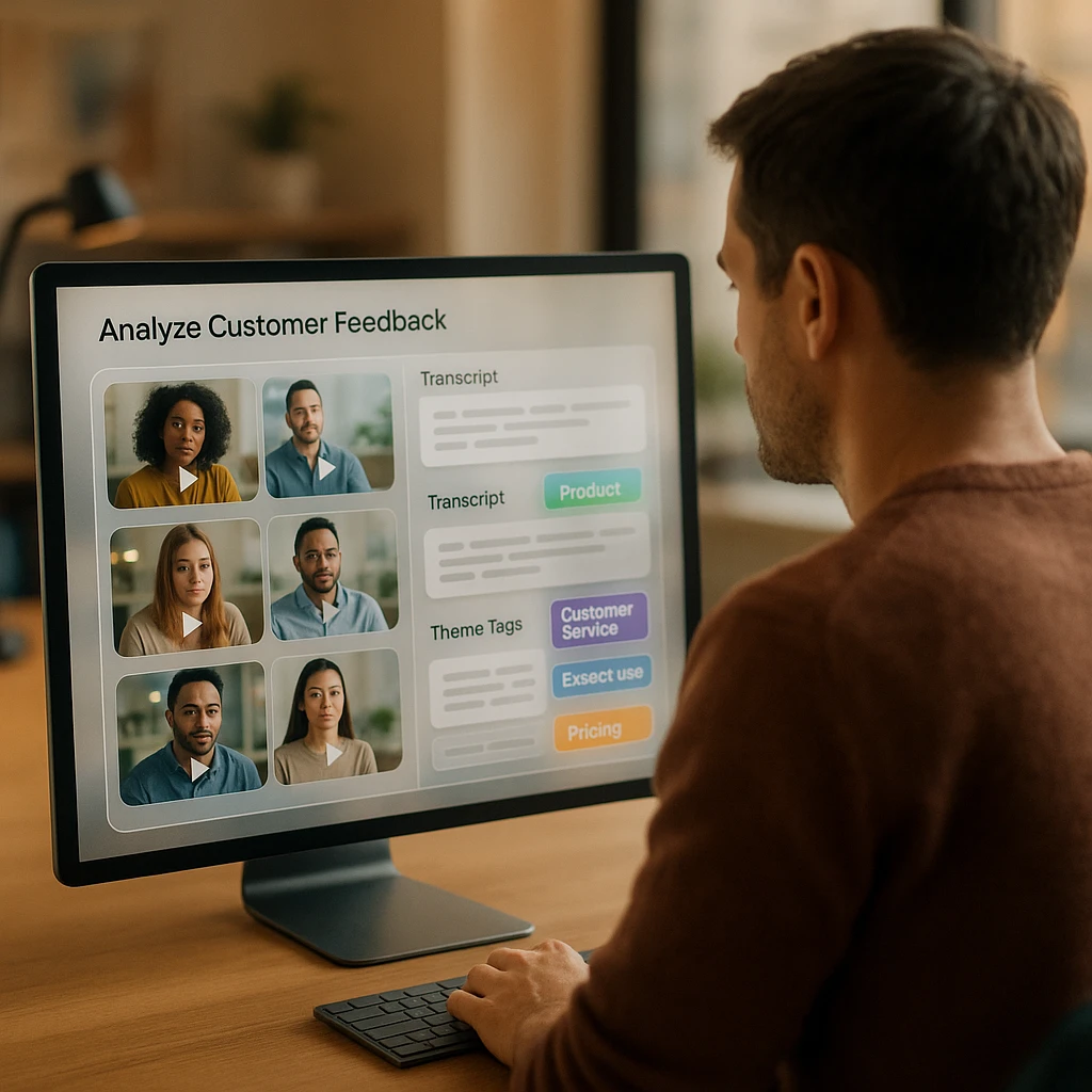 AI analysis dashboard turning customer feedback videos into transcripts and themes