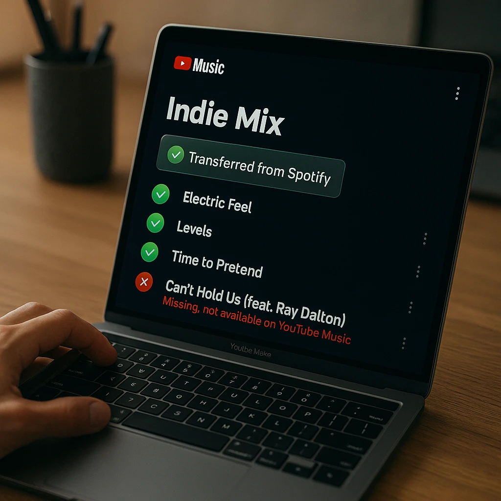 YouTube Music interface showing transferred Spotify playlist with matching verification and missing tracks highlighted