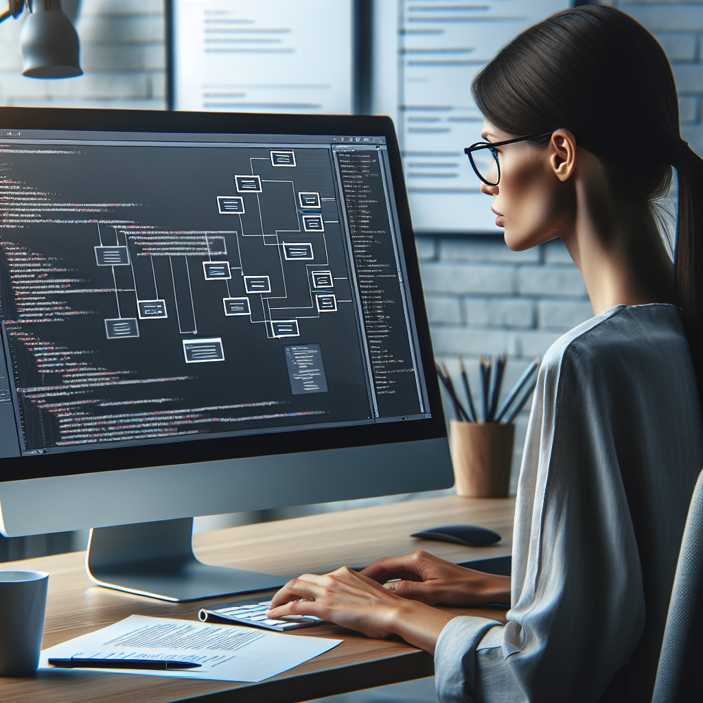 Ingénieur logiciel travaillant avec des diagrammes de séquence UML et des diagrammes de classes sur l'écran d'ordinateur
