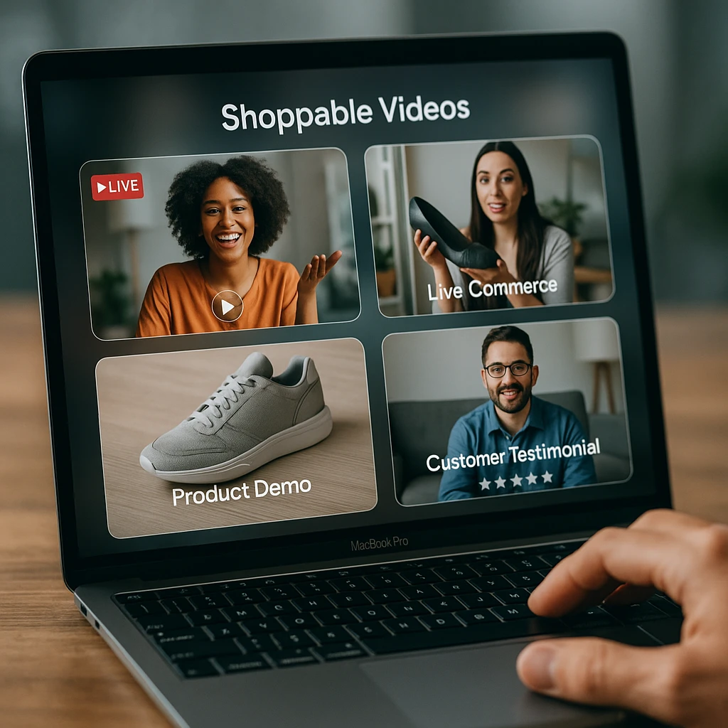 Modern e-commerce setup showing shoppable videos, live commerce, product demos, and customer testimonials with glassmorphic design elements