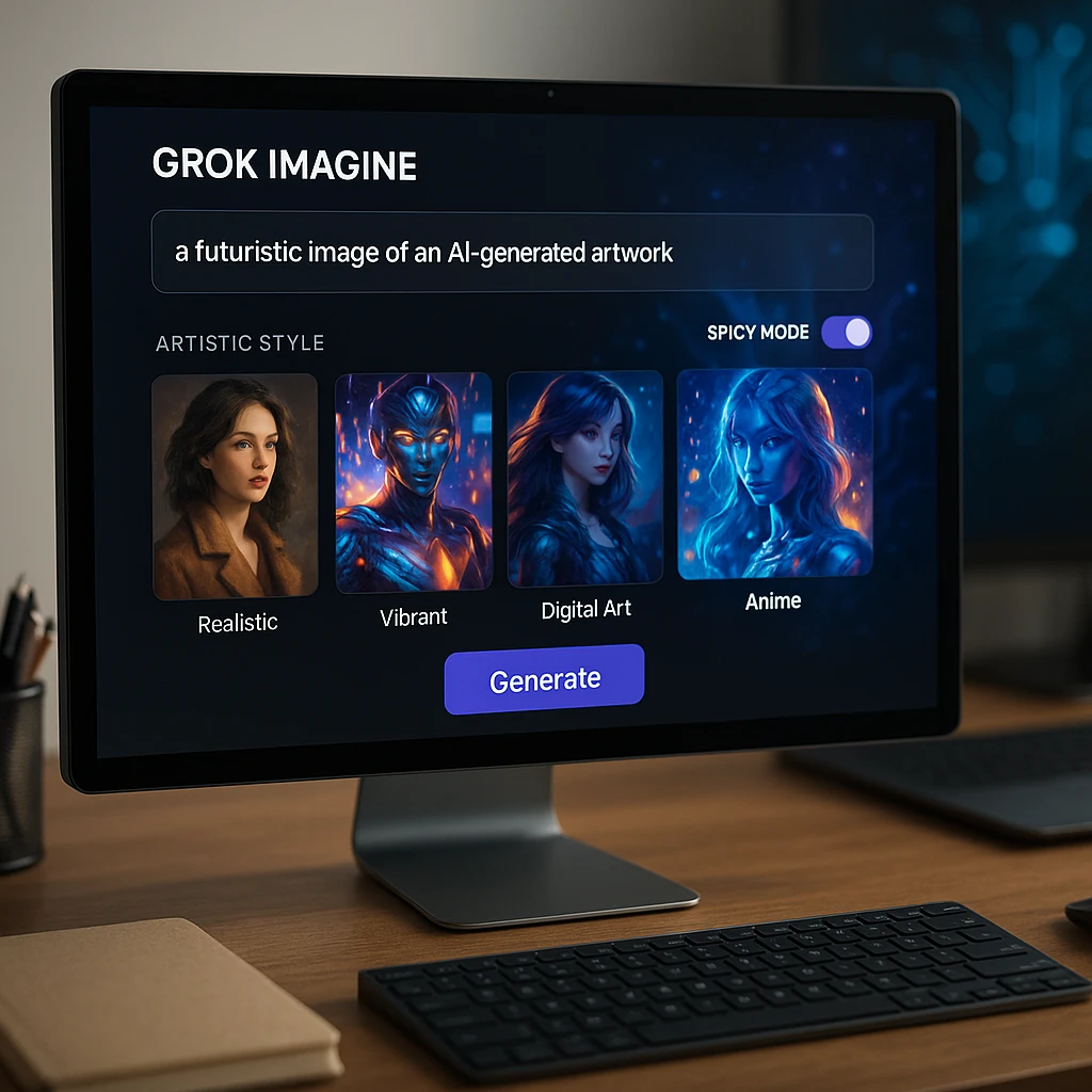 Interface de Grok Imagine AI montrant la génération de texte à image avec différents styles artistiques et le bouton bascule du mode épicé