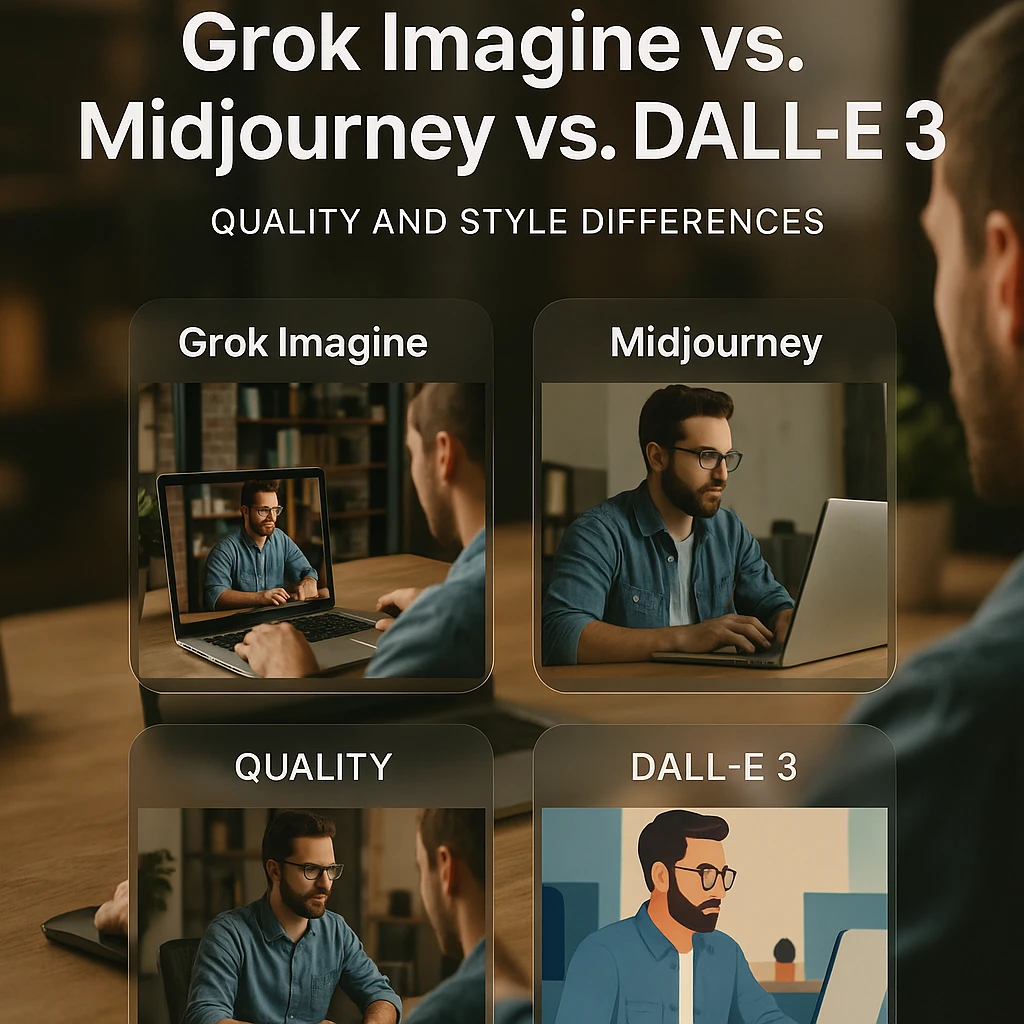Grille de comparaison montrant les résultats de Grok Imagine AI par rapport à Midjourney et DALL-E 3 avec les différences de qualité et de style mises en évidence