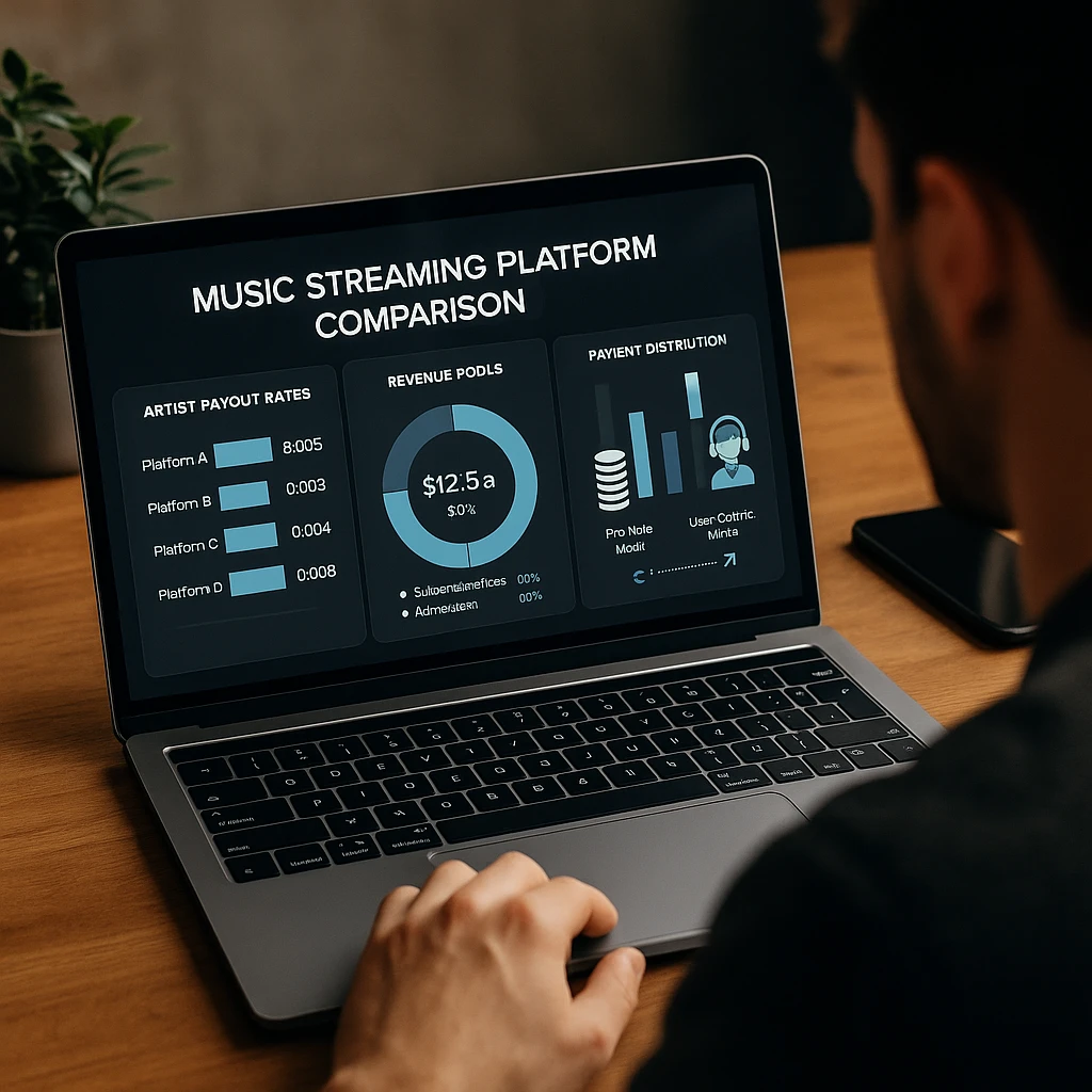 Comparaison des plateformes de streaming musical montrant les taux de paiement aux artistes, les pools de revenus et les modèles de distribution des paiements avec visualisation des données financières