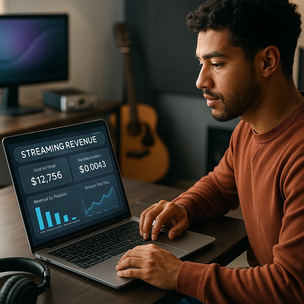 Independent artist analyzing streaming revenue across multiple platforms with detailed analytics showing total earnings versus per-stream rates
