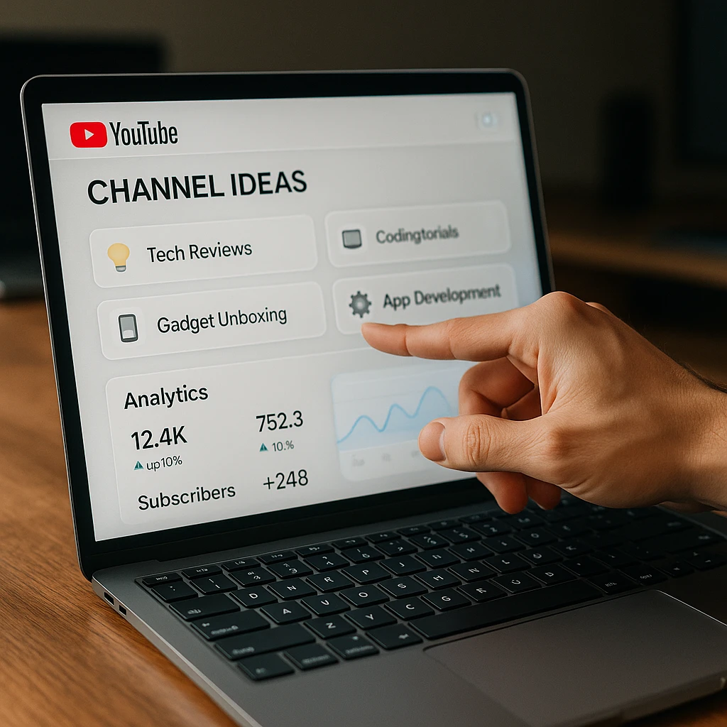 Tableau de bord de création de contenu YouTube avec diverses idées de chaînes et analyses