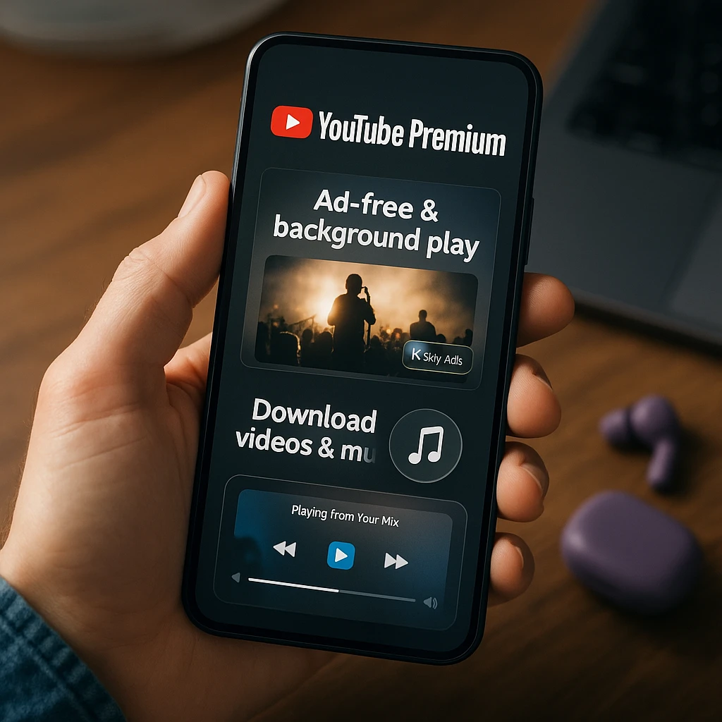 Modern smartphone displaying YouTube Premium interface with ad-free video playback and music streaming features