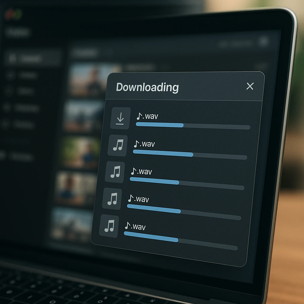 A batch download queue exporting multiple playlist tracks as WAV files
