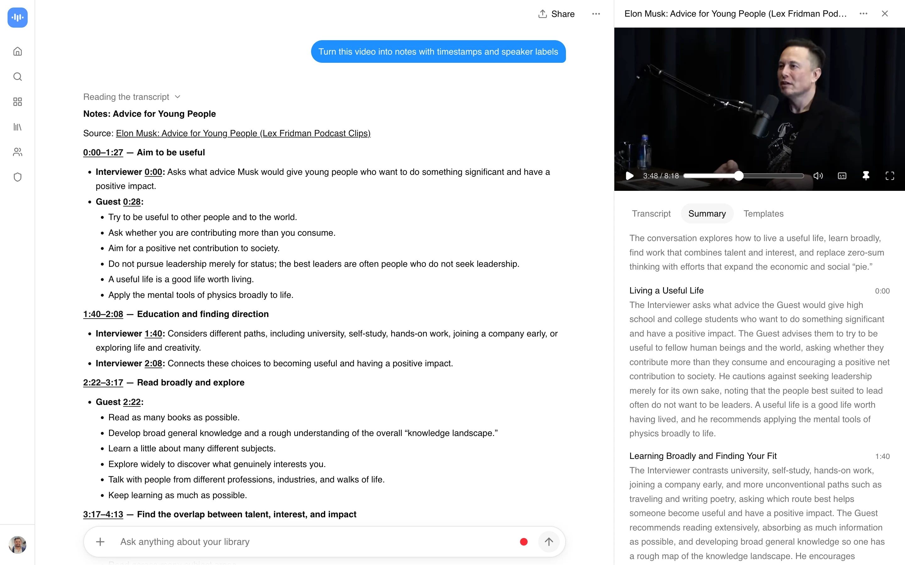 ScreenApp turning a Lex Fridman interview with Elon Musk into notes with timestamps and speaker labels, captured in production in September 2026