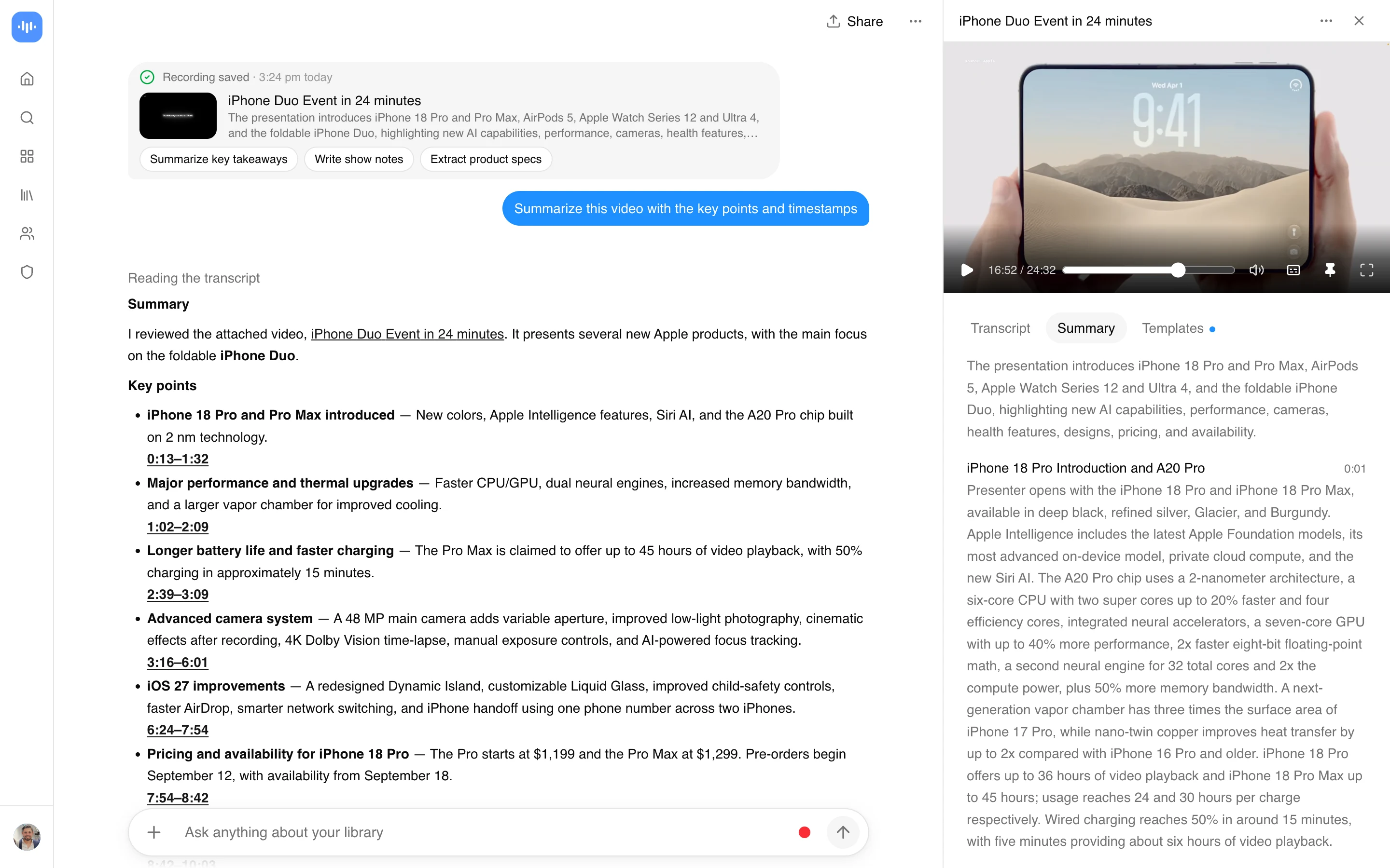 The prompt “Summarize this video with the key points and timestamps”, run on The Verge’s 24-minute iPhone Duo event in the ScreenApp app. Each key point links to its timestamp; the Summary tab on the right is the automatic chaptered summary. Captured September 2026.