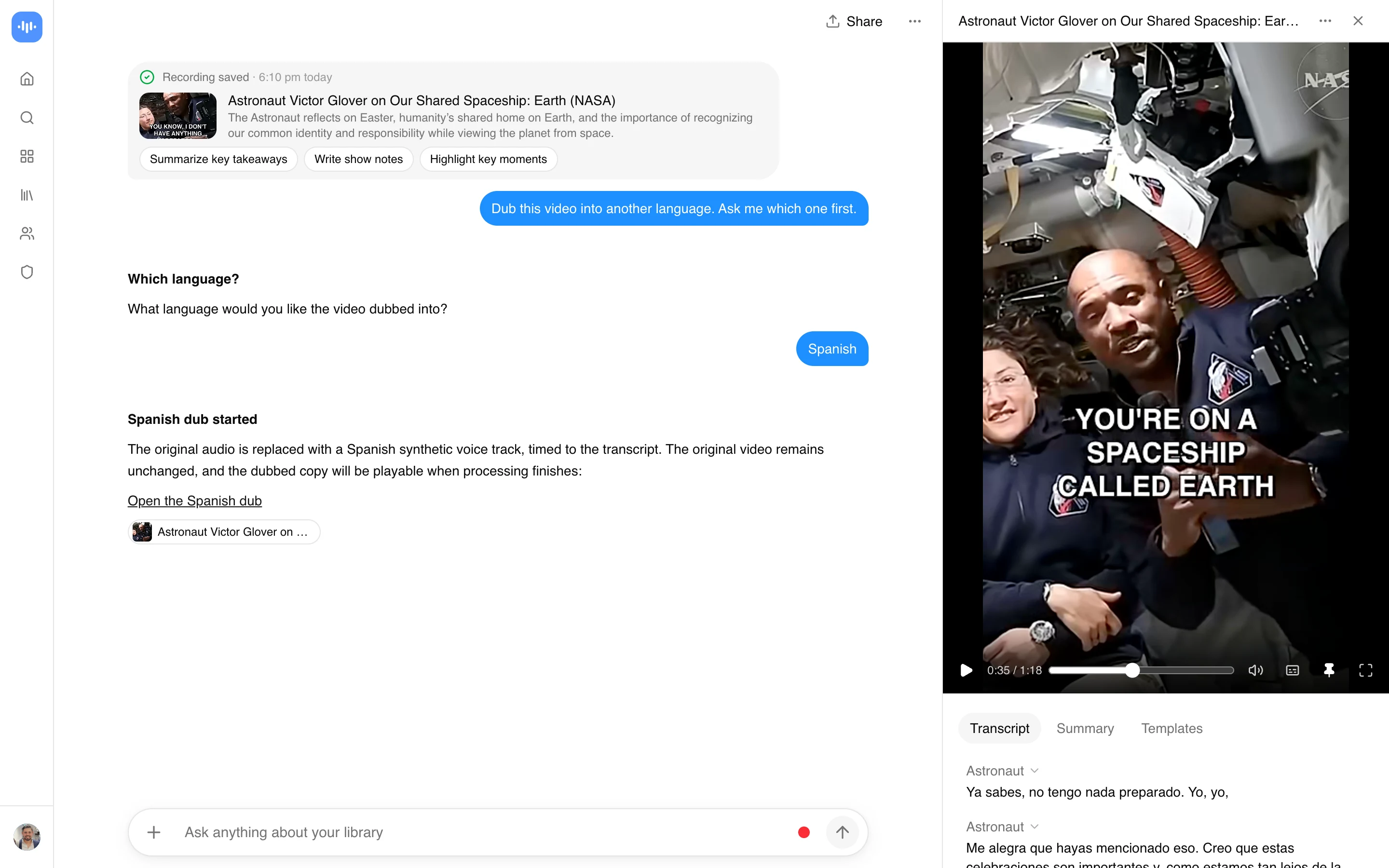 ScreenApp dubbing a NASA astronaut video into Spanish after asking which language, with the Spanish dub and its transcript open, captured in production in September 2026