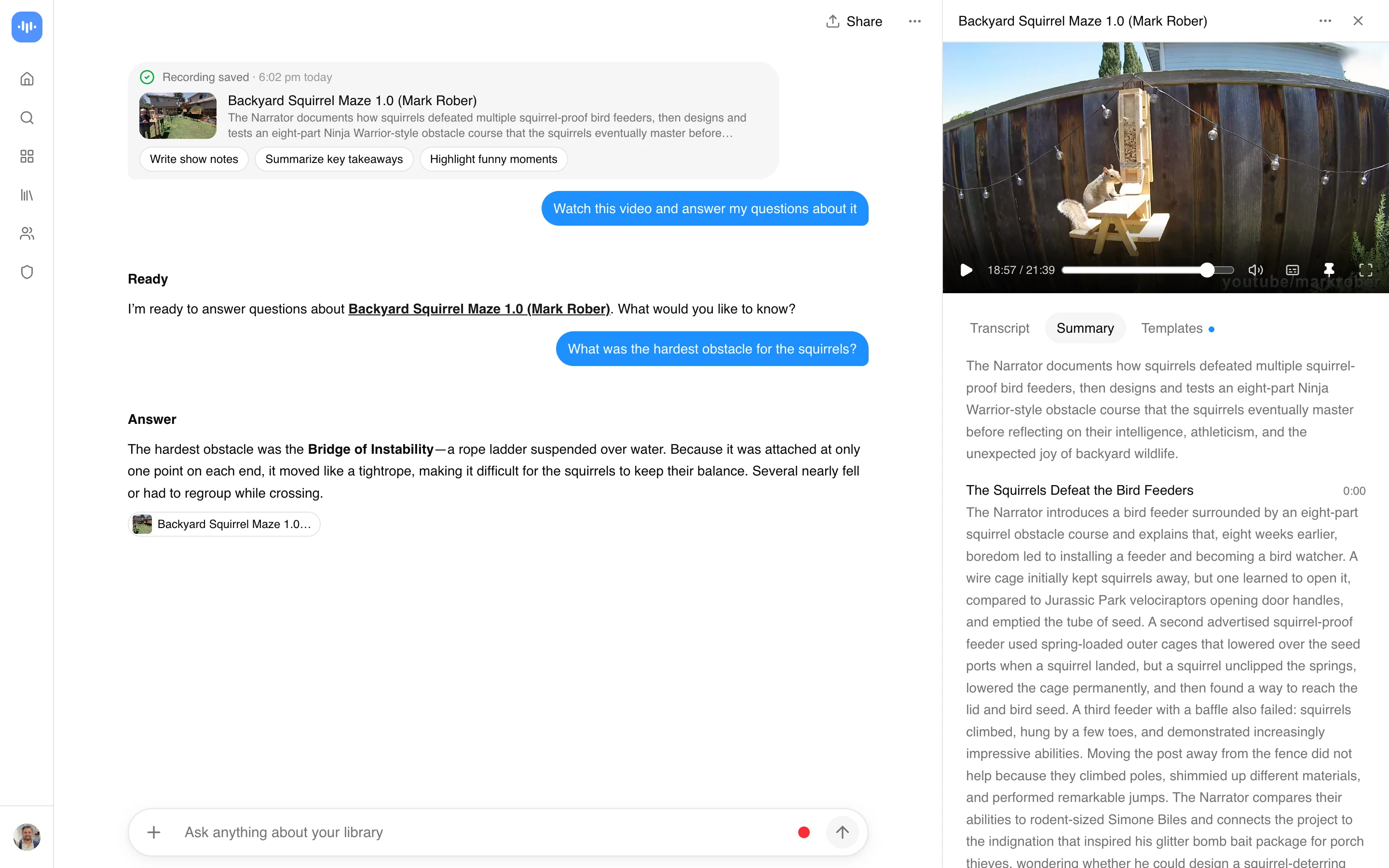 ScreenApp watching Mark Rober's squirrel maze video and answering which obstacle was hardest for the squirrels, captured in production in September 2026