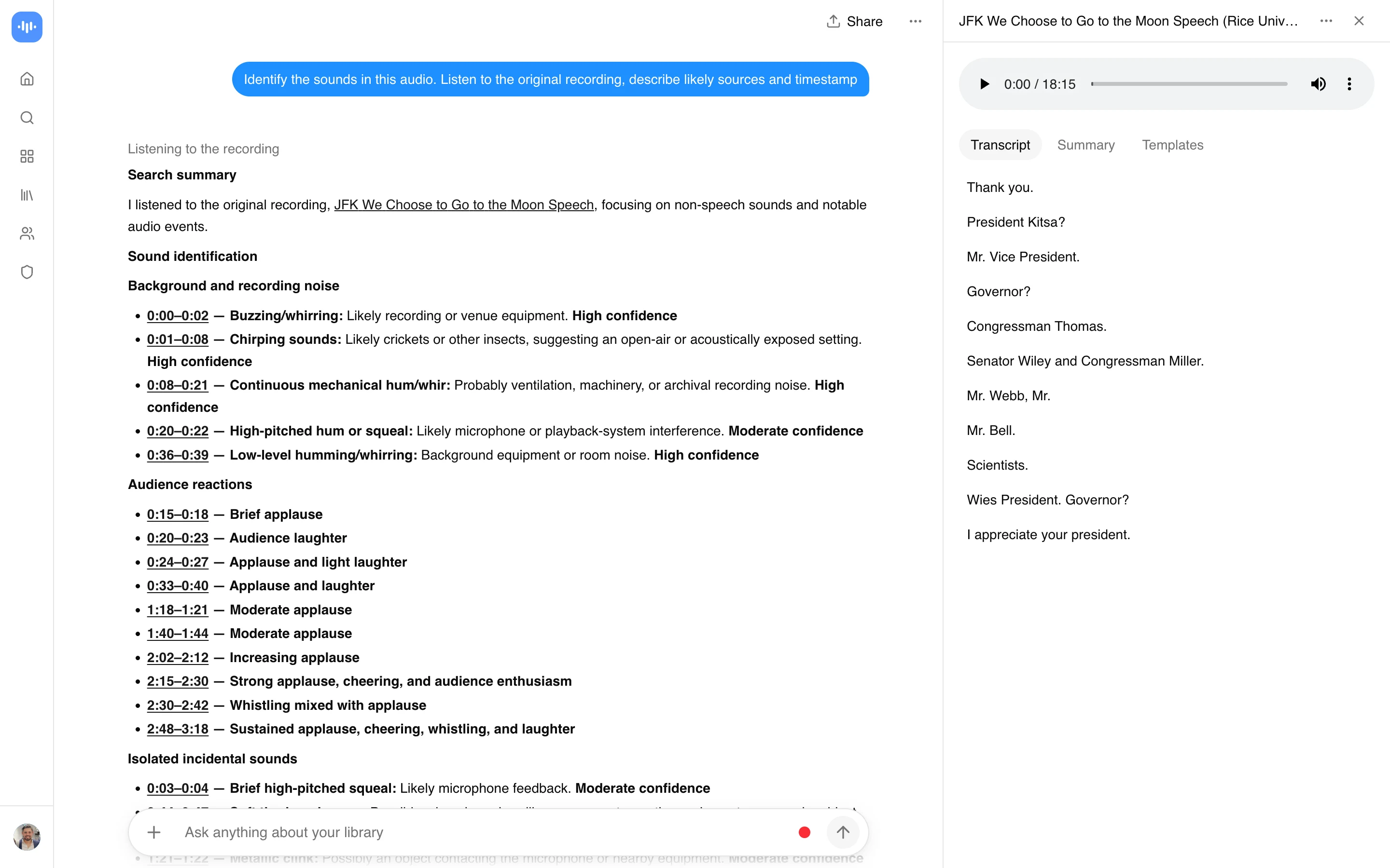 ScreenApp identifying the sounds in an audio recording of John F. Kennedy's 1962 Rice University moon speech, listing applause, laughter and background noise with timestamps, captured in production in September 2026