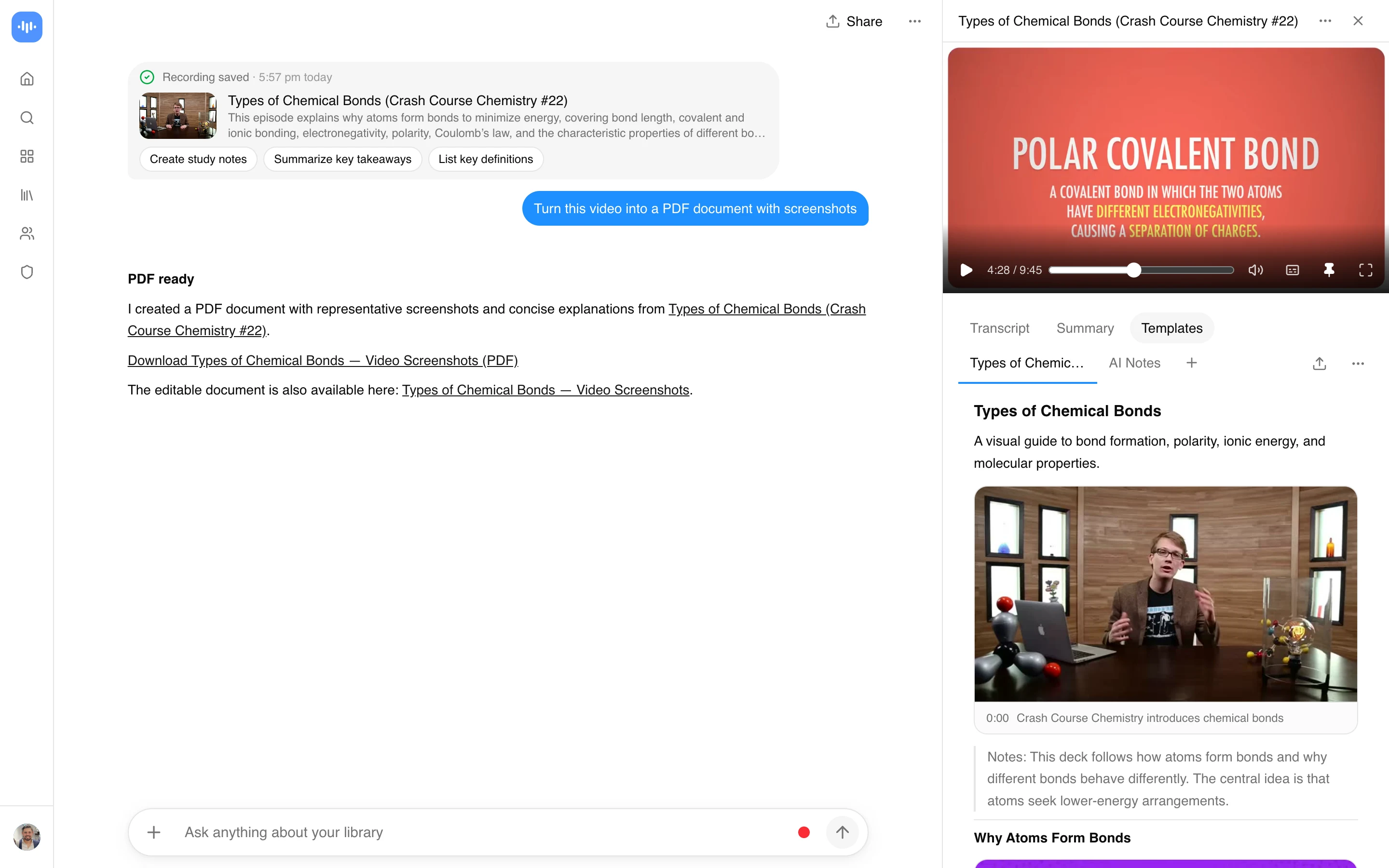 ScreenApp turning a Crash Course Chemistry video into a PDF document with embedded screenshots and timestamps, captured in production in September 2026