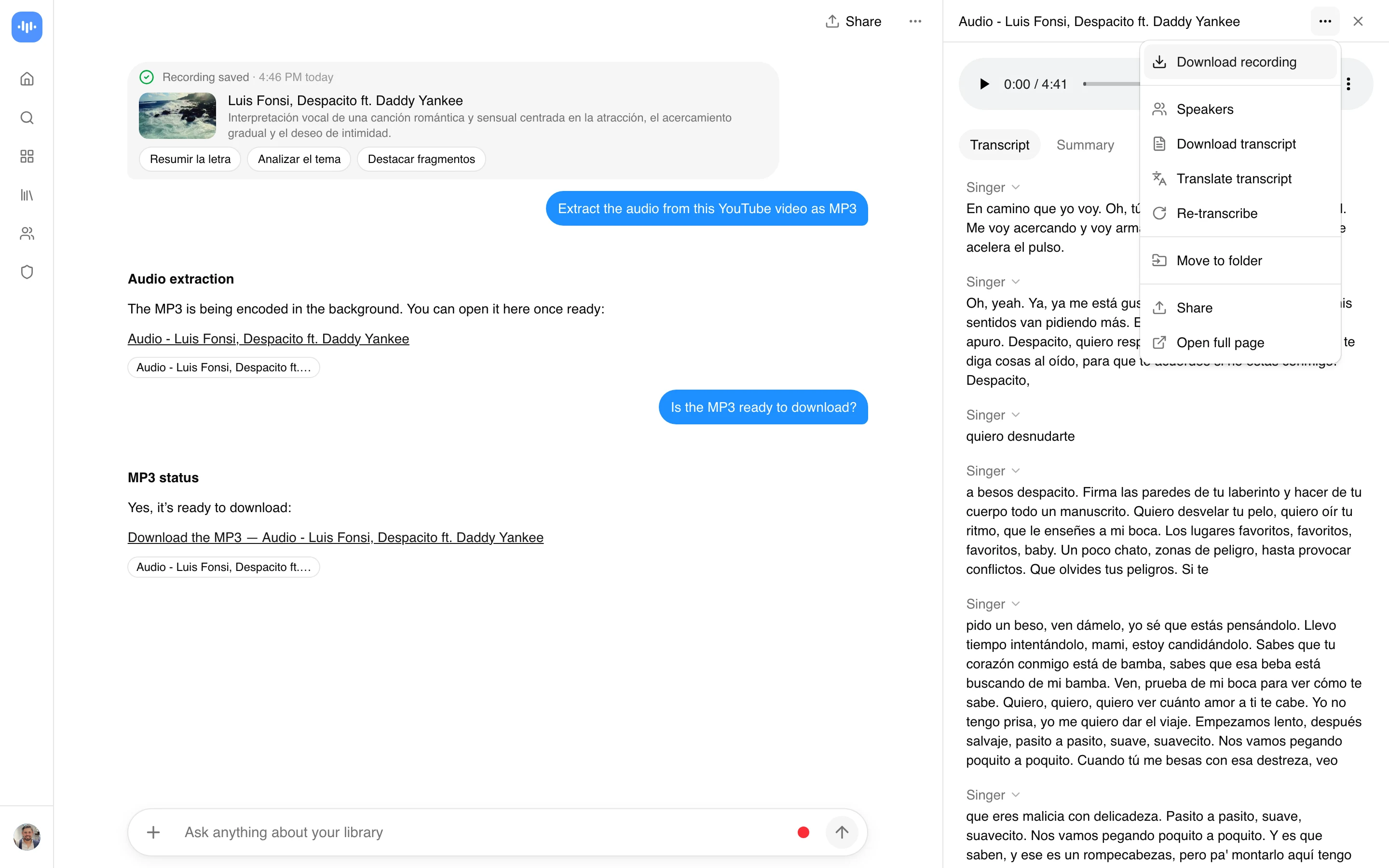 ScreenApp extracting the audio of Despacito as an MP3, with the MP3 ready to download and its lyrics transcript, captured in production in September 2026