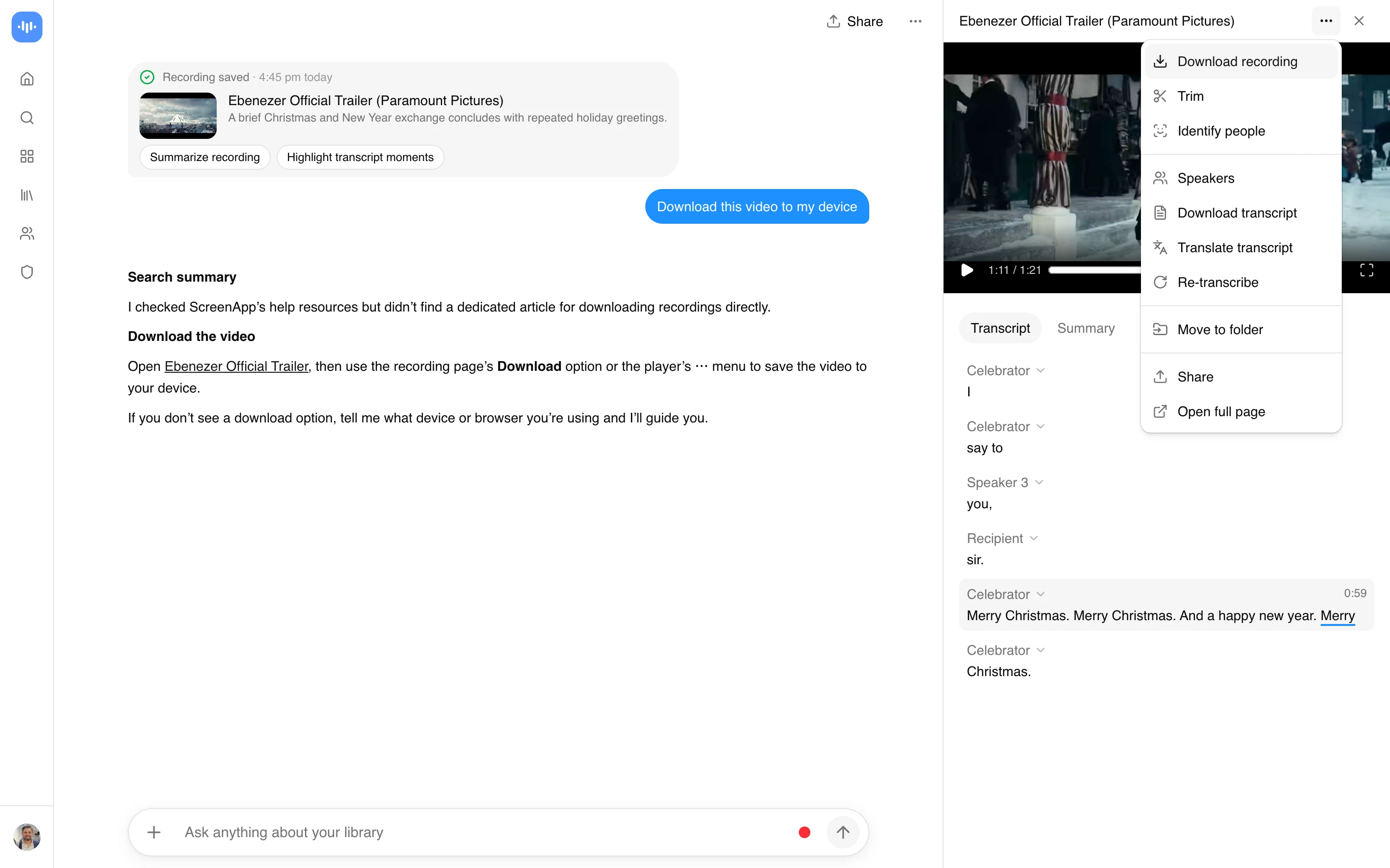 ScreenApp with the Paramount Ebenezer trailer ready to download, the Download recording option open next to the chat answer, captured in production in September 2026