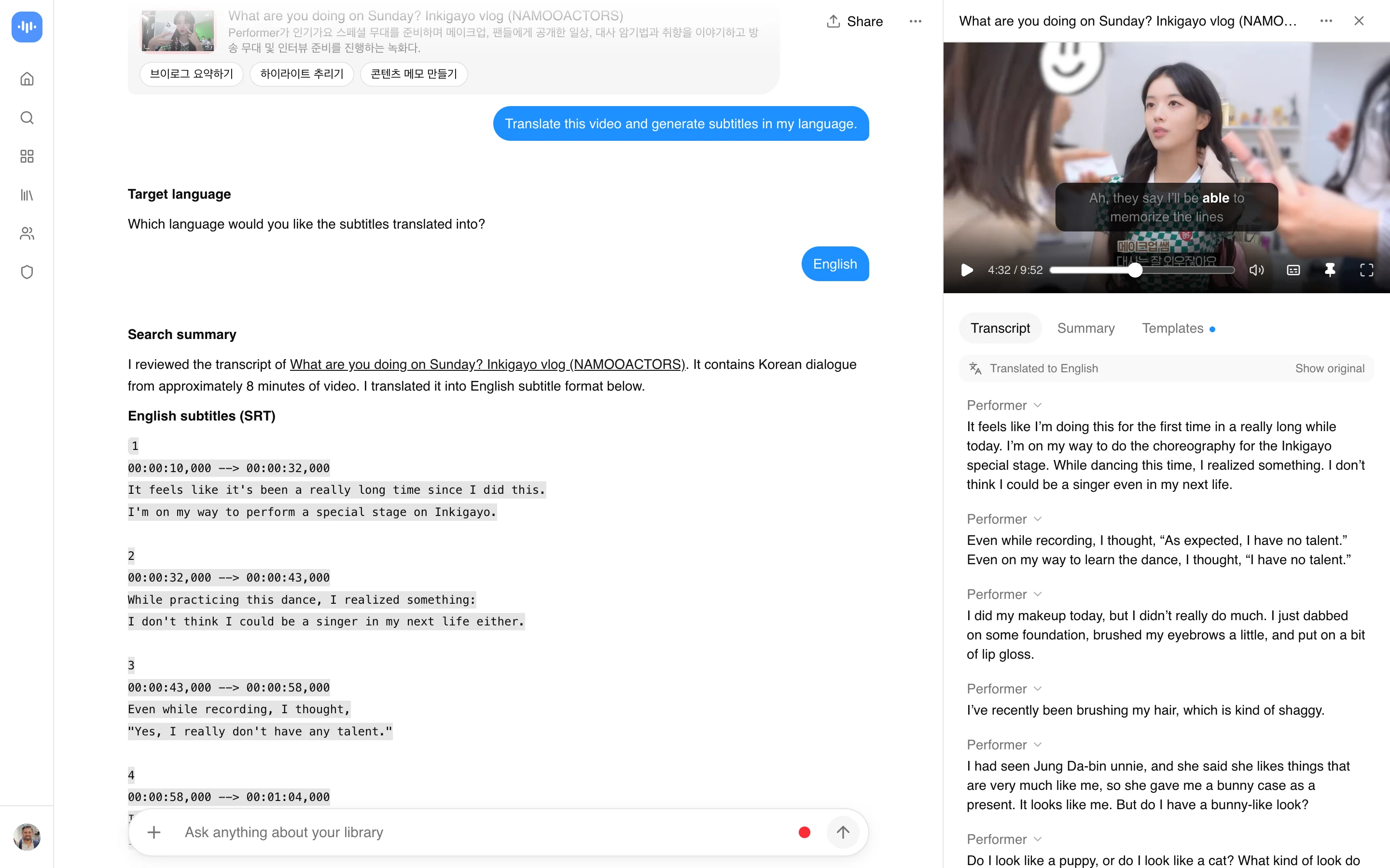 ScreenApp translating a Korean vlog into English subtitles, with the translated caption on the video and an English transcript, captured in production in September 2026