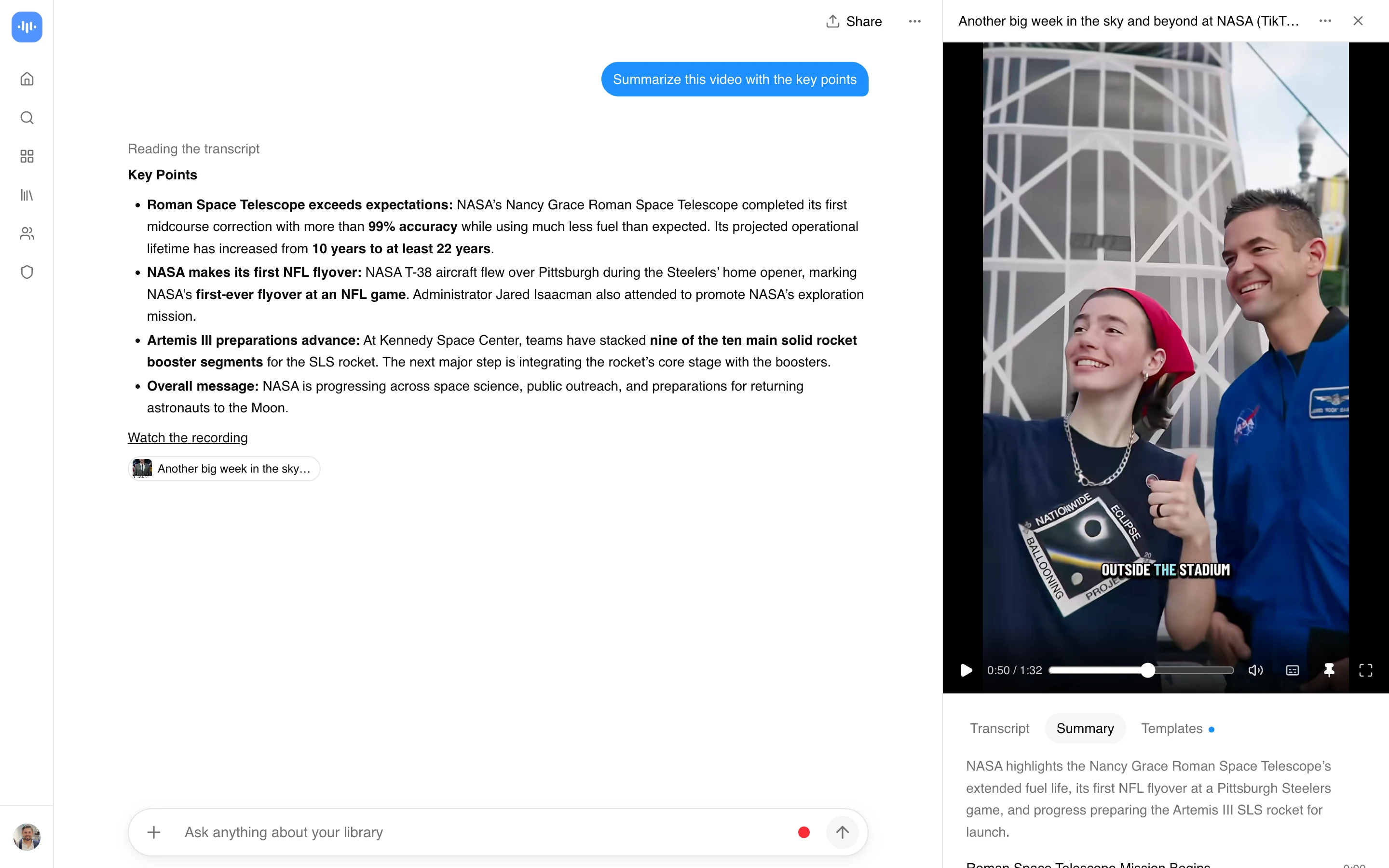 ScreenApp summarizing a NASA TikTok into key points about the Roman Space Telescope, an NFL flyover and Artemis III, captured in production in September 2026