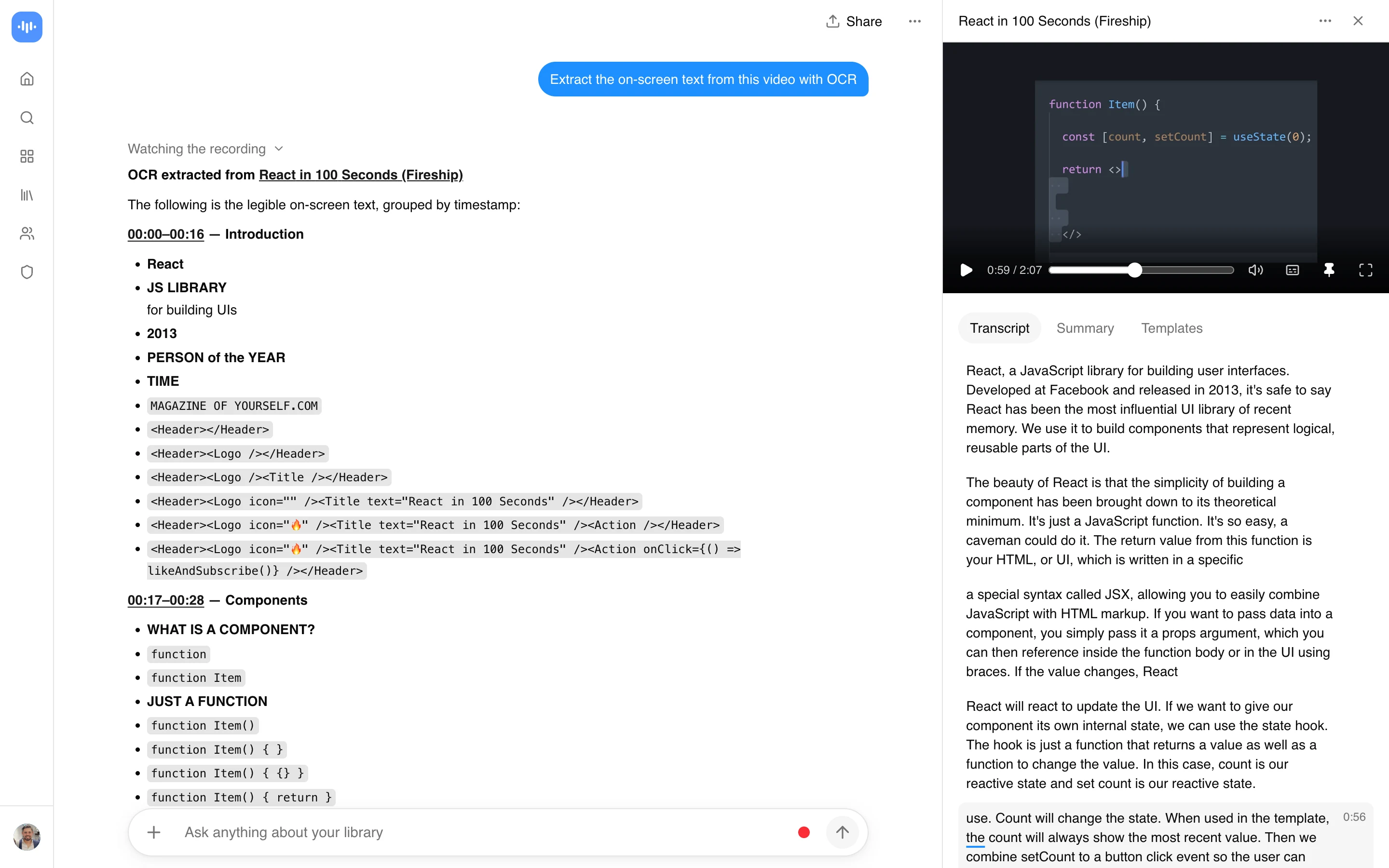 ScreenApp extracting the on-screen text and code from Fireship's React in 100 Seconds video with OCR, grouped by timestamp, captured in production in September 2026