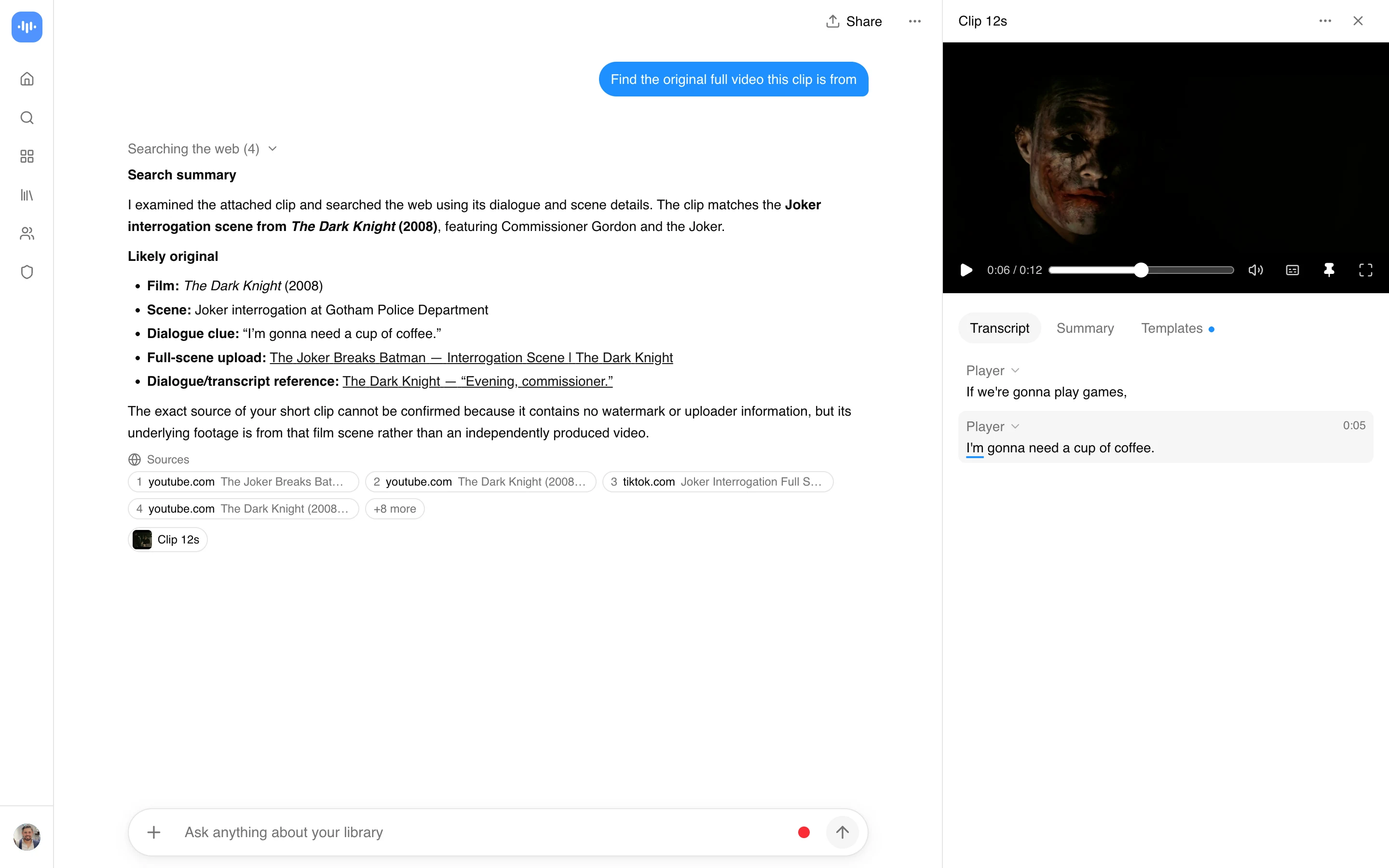 ScreenApp identifying a 12-second clip as the Joker interrogation scene from The Dark Knight and linking the full scene from a web search, captured in production in September 2026