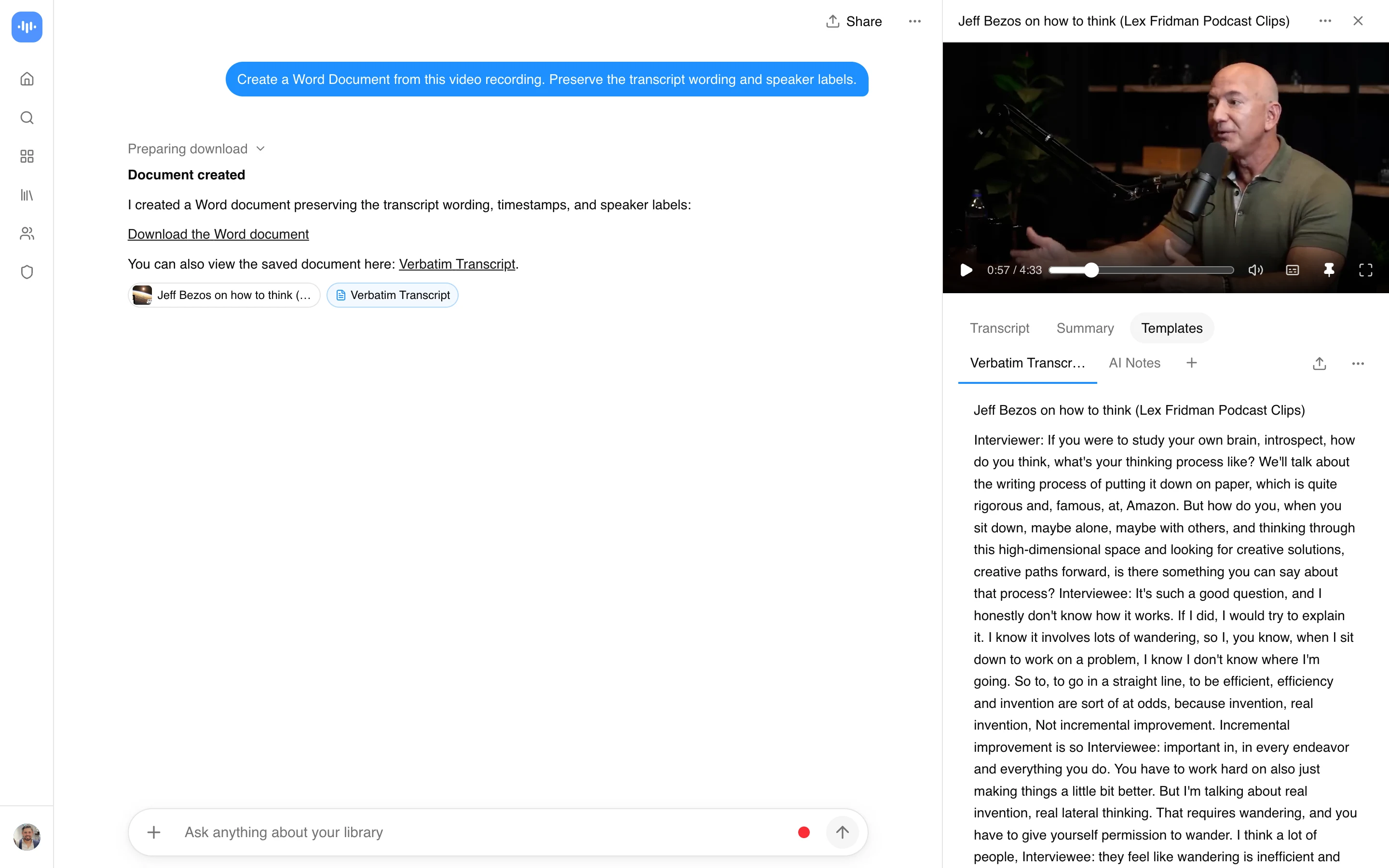 ScreenApp turning a Lex Fridman interview with Jeff Bezos into a Word document that keeps the transcript wording and speaker labels, captured in production in September 2026