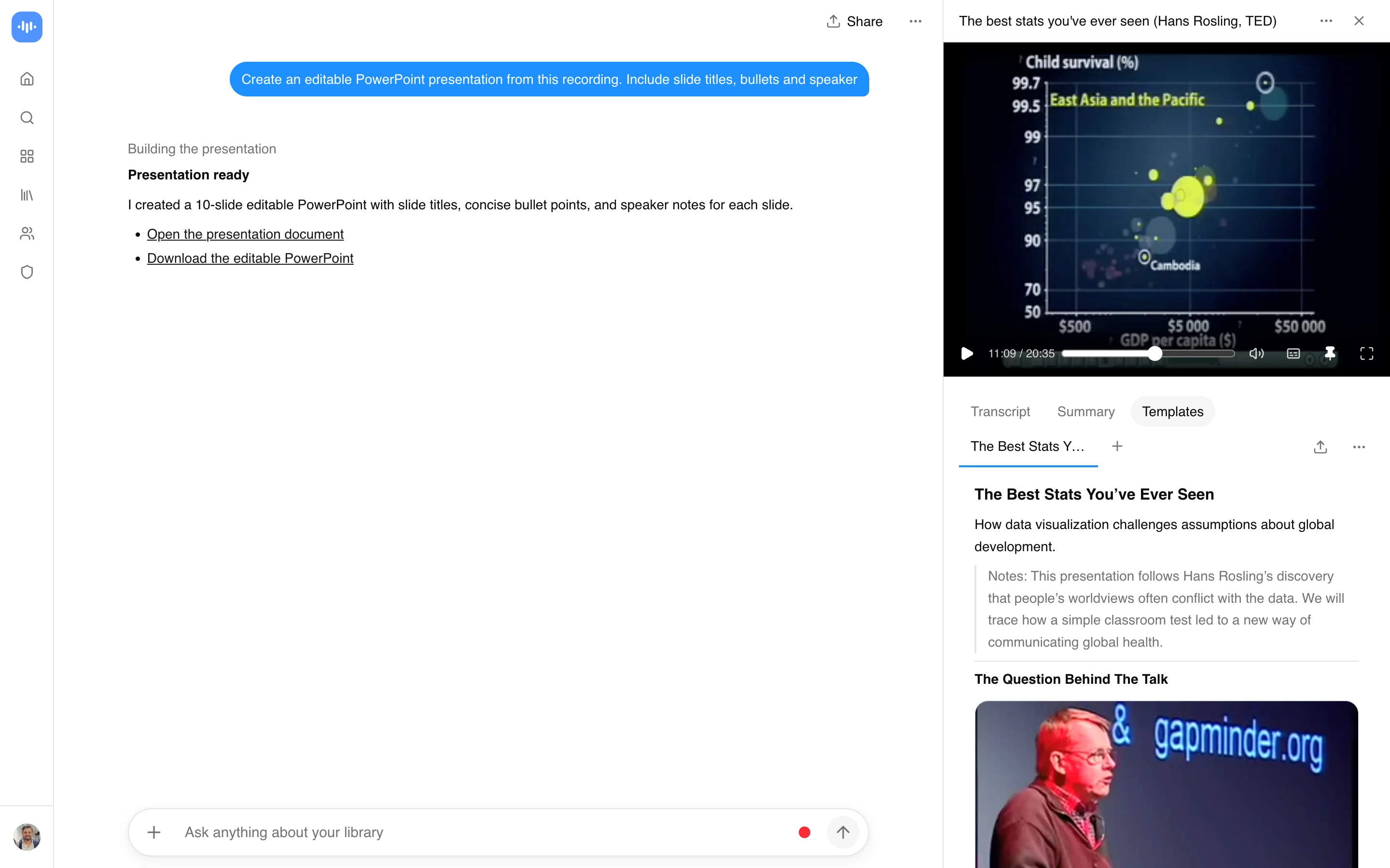 ScreenApp building a 10-slide editable PowerPoint with titles, bullets and speaker notes from Hans Rosling's TED talk, captured in production in September 2026