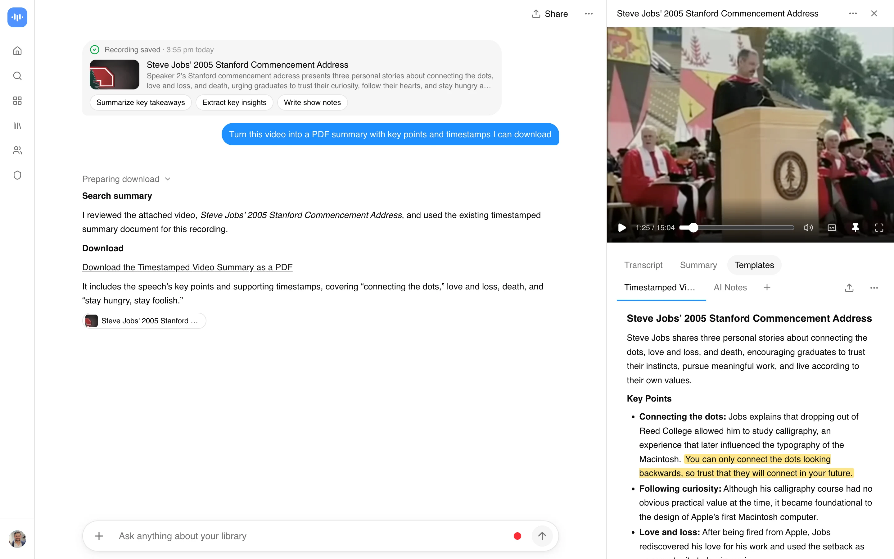 ScreenApp turning Steve Jobs' 2005 Stanford commencement address into a PDF summary with key points and timestamps, with the download link in the chat, captured in production in September 2026