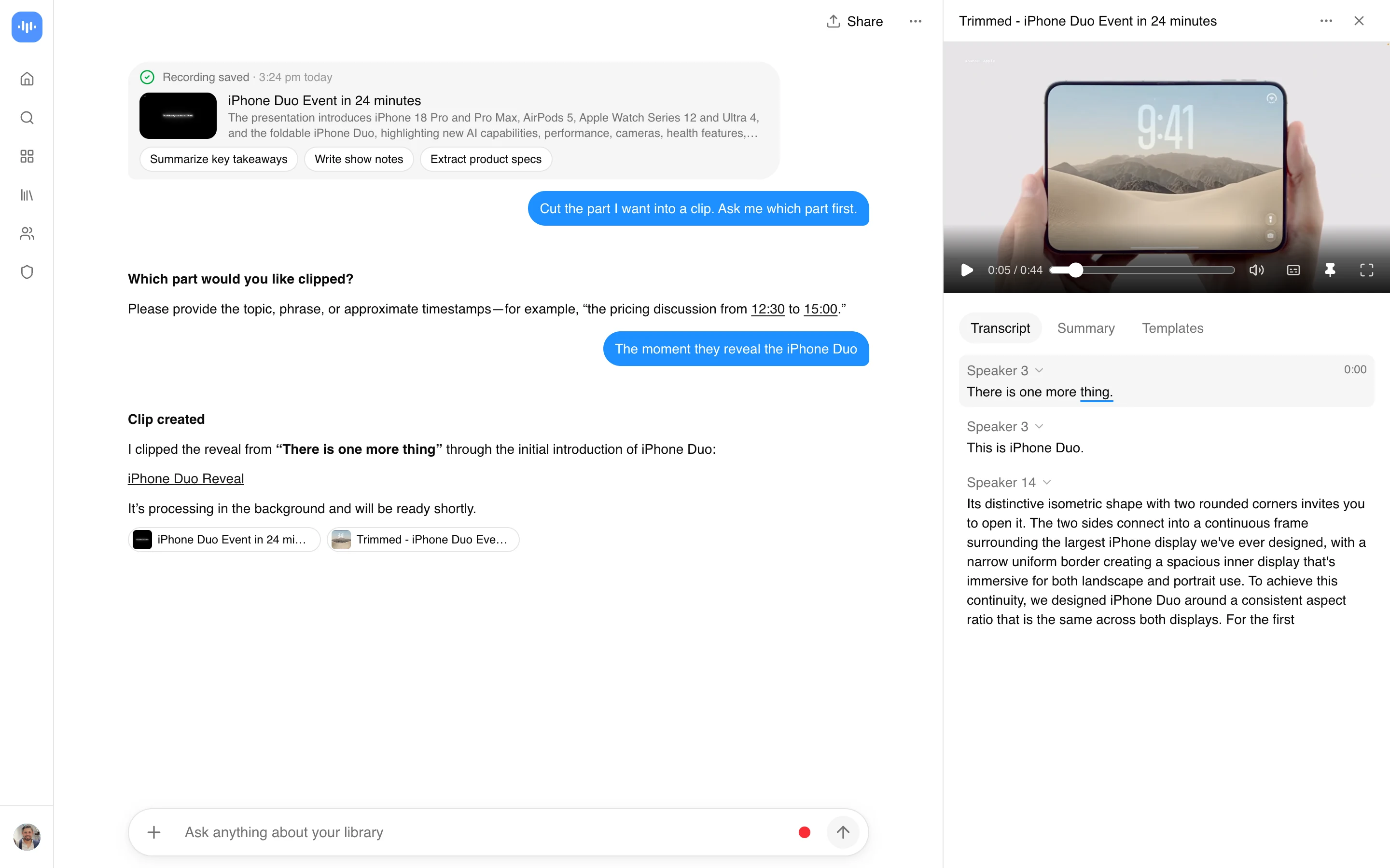 ScreenApp cutting the iPhone Duo reveal out of a 24-minute keynote into a 44-second clip, captured in production in September 2026