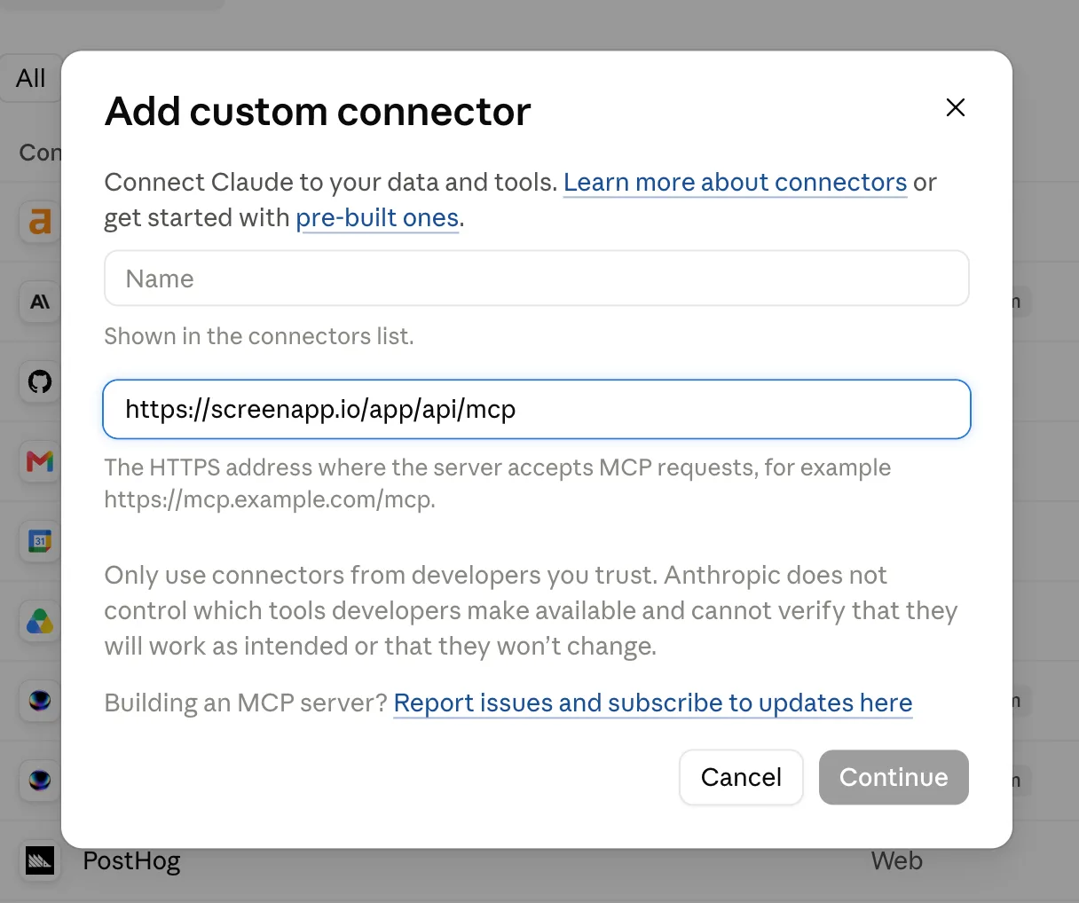 Claude's Add custom connector dialog with the ScreenApp server URL pasted in