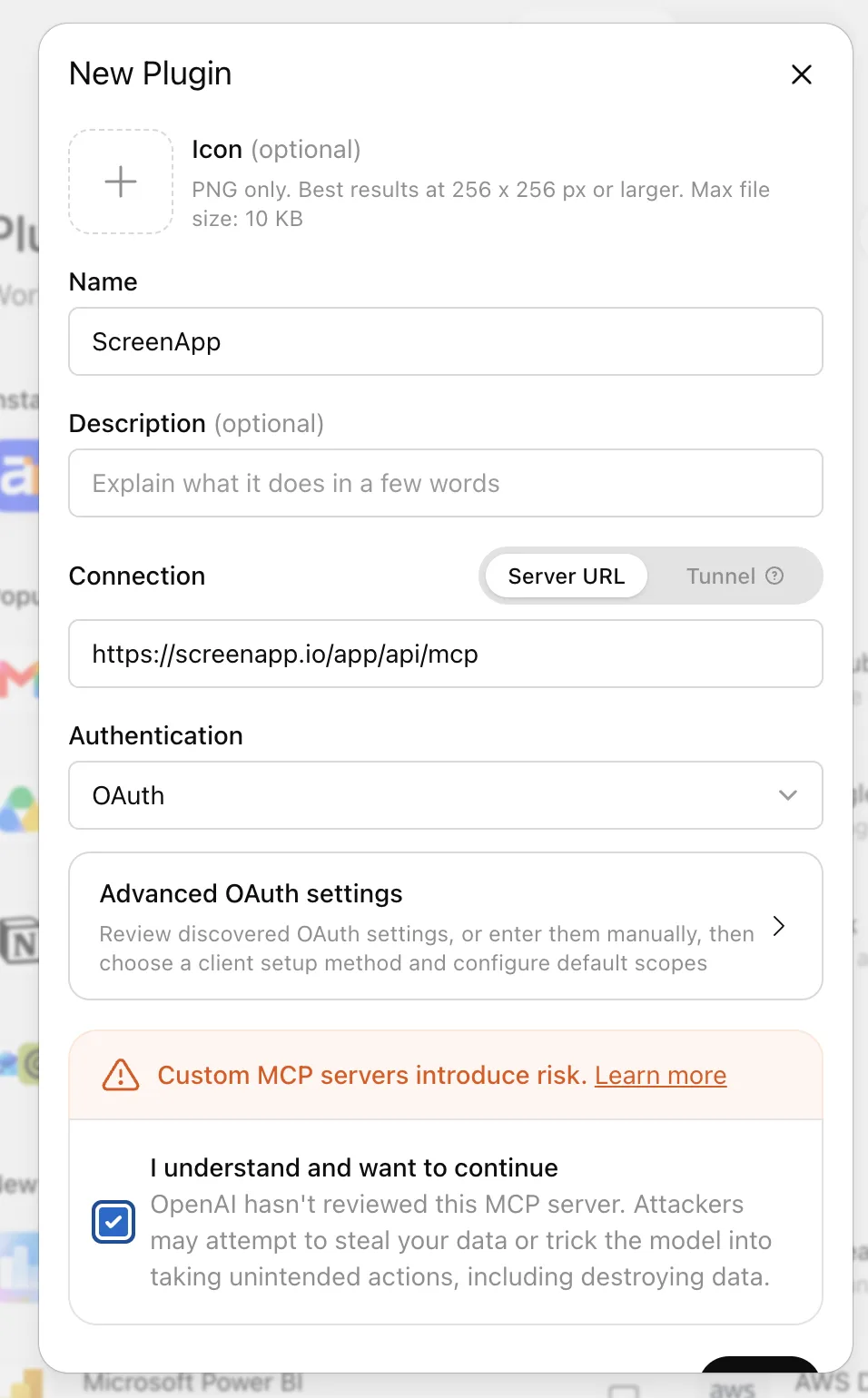 ChatGPT's New Plugin dialog with the ScreenApp name, server URL and OAuth authentication